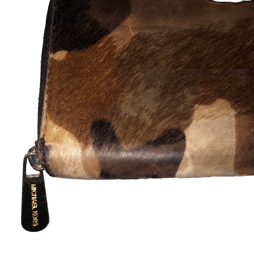 Michael Kors Brown MultiColor Calf Hair Leather Trim Camo Zip Around Wallet - Picture 3 of 7